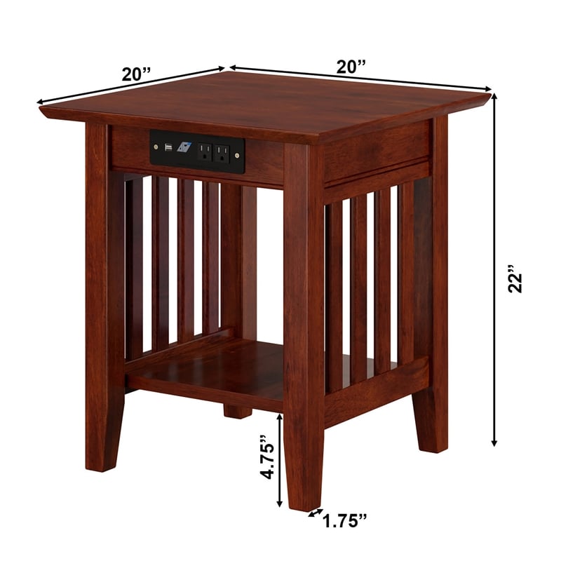 AFI Mission Solid Wood End Table with Built in Device Charger in Brown Walnut