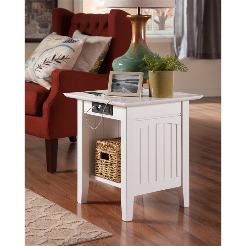 AFI Nantucket Solid Wood End Table with Built In Device Charger in White