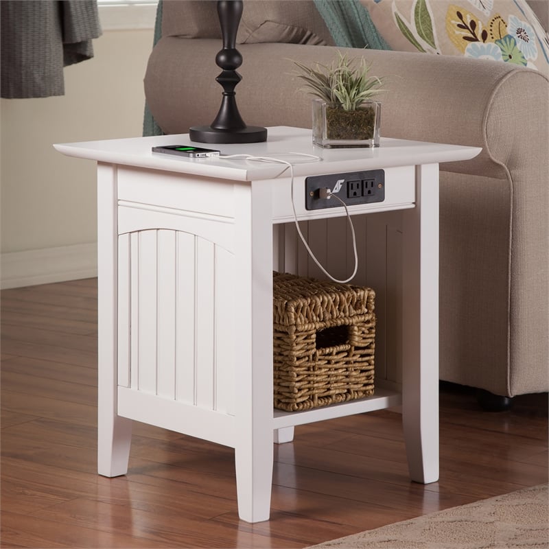 AFI Nantucket Solid Wood End Table with Built In Device Charger in White