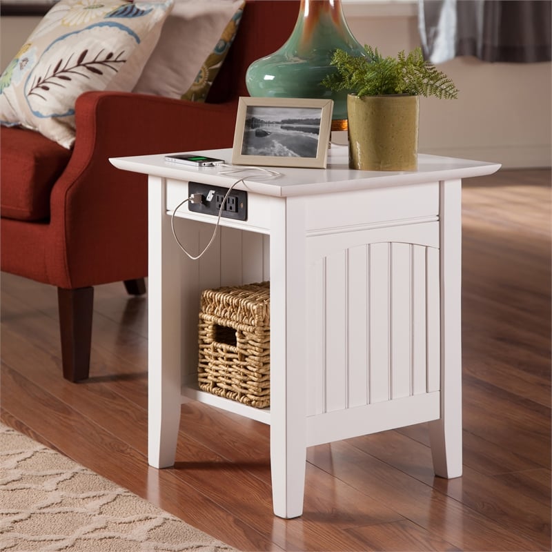 AFI Nantucket Solid Wood End Table with Built In Device Charger in White