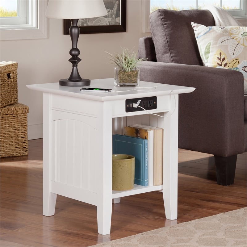 AFI Nantucket Solid Wood End Table with Built In Device Charger in White