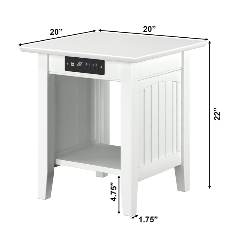 AFI Nantucket Solid Wood End Table with Built In Device Charger in White