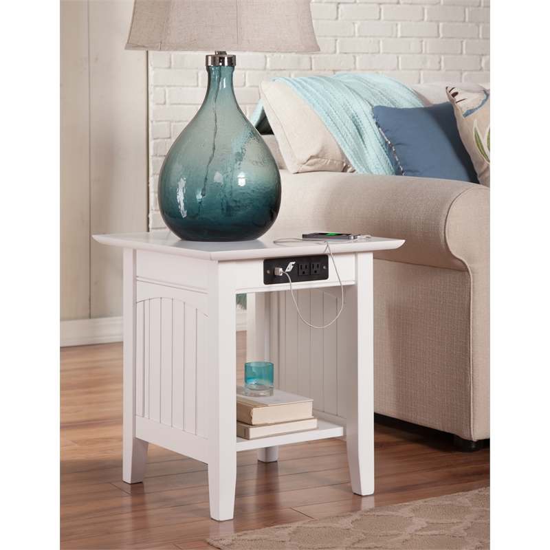 AFI Nantucket Solid Wood End Table with Built In Device Charger in White