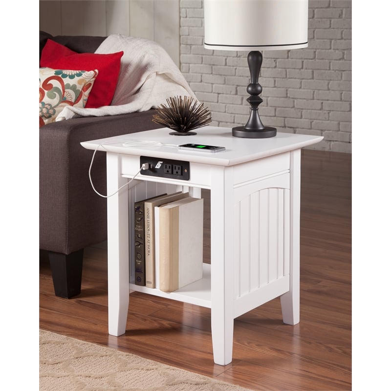 AFI Nantucket Solid Wood End Table with Built In Device Charger in White