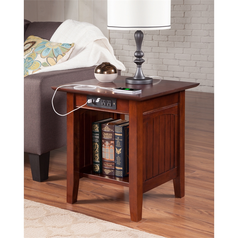 AFI Nantucket Solid Wood End Table with Built In Device Charger in Walnut