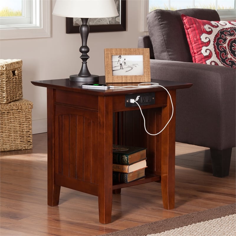 AFI Nantucket Solid Wood End Table with Built In Device Charger in Walnut