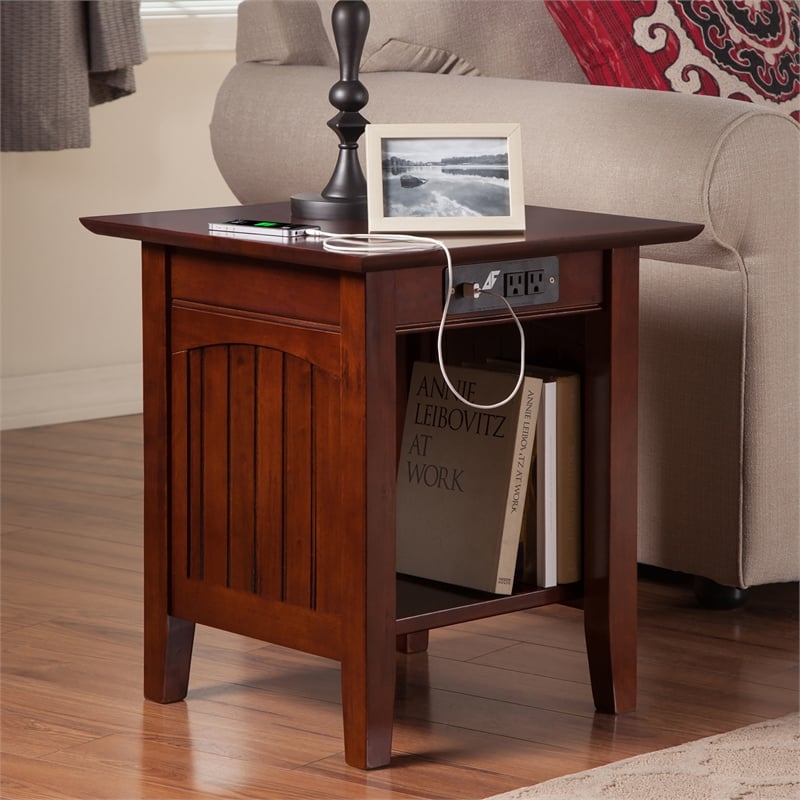 AFI Nantucket Solid Wood End Table with Built In Device Charger in Walnut