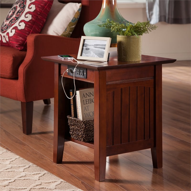 AFI Nantucket Solid Wood End Table with Built In Device Charger in Walnut