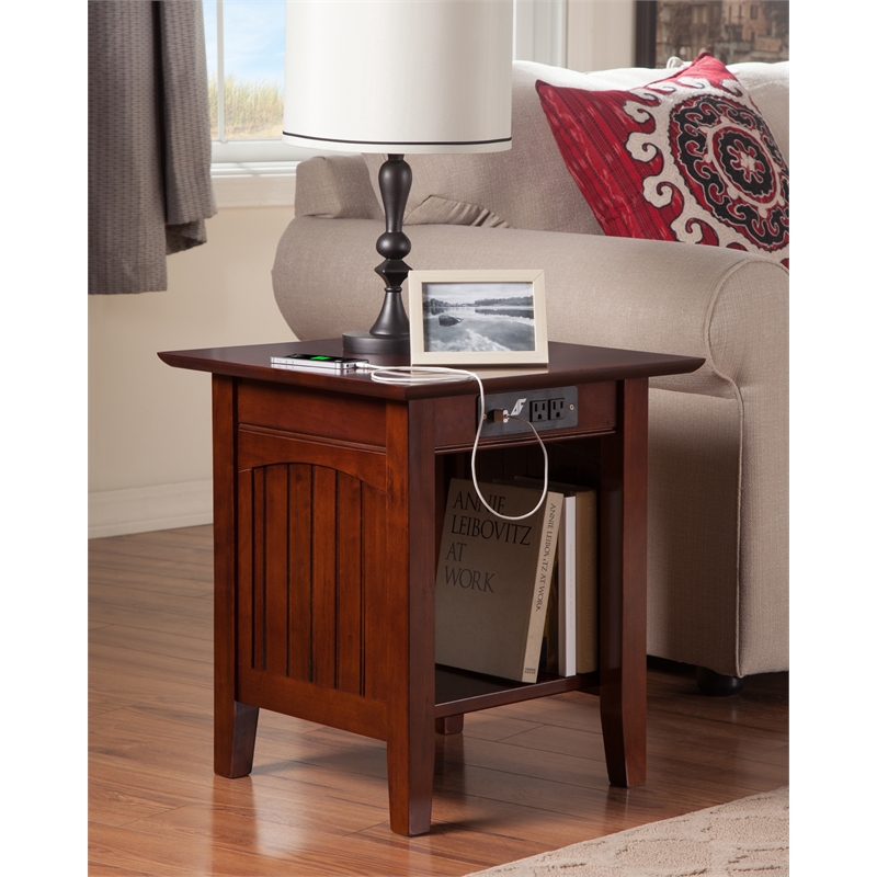 AFI Nantucket Solid Wood End Table with Built In Device Charger in Walnut