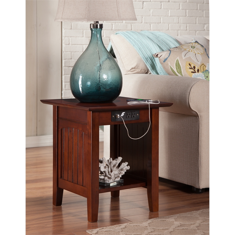 AFI Nantucket Solid Wood End Table with Built In Device Charger in Walnut