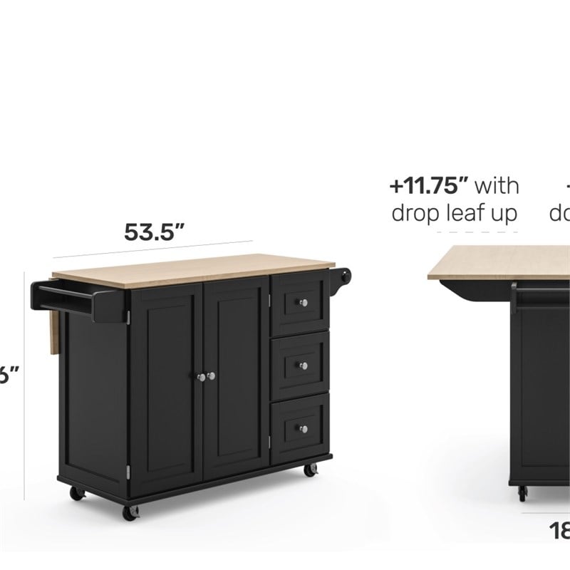 Homestyles Mobile Kitchen Island Cart with Wood Drop Leaf Breakfast Bar in Black