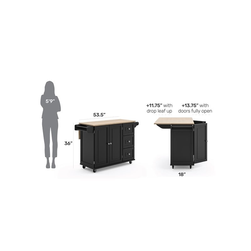 Homestyles Mobile Kitchen Island Cart with Wood Drop Leaf Breakfast Bar in Black