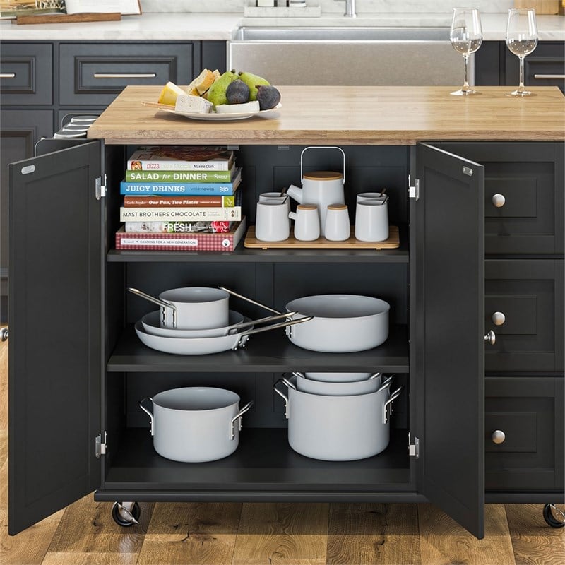 Homestyles Mobile Kitchen Island Cart with Wood Drop Leaf Breakfast Bar in Black