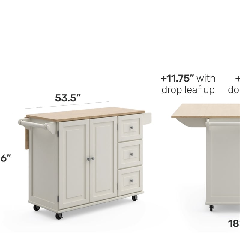 Homestyles Mobile Kitchen Island Cart with Wood Drop Leaf Breakfast Bar in White