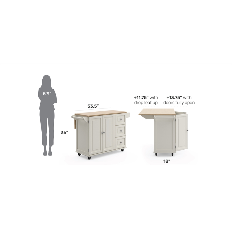 Homestyles Mobile Kitchen Island Cart with Wood Drop Leaf Breakfast Bar in White