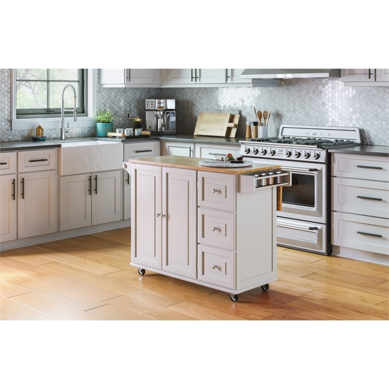 Homestyles Mobile Kitchen Island Cart with Wood Drop Leaf Breakfast Bar in White