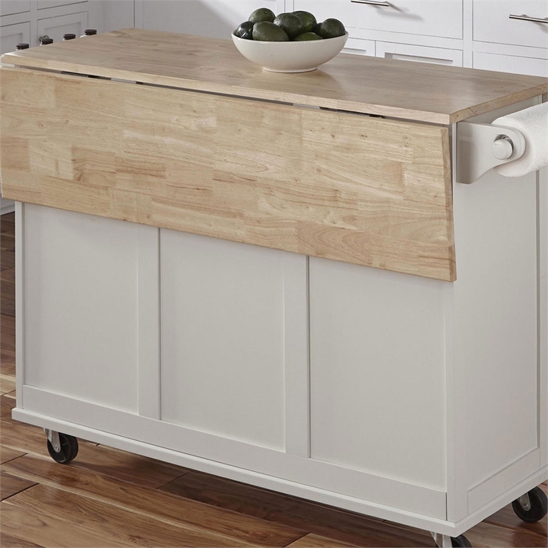 Homestyles Mobile Kitchen Island Cart with Wood Drop Leaf Breakfast Bar in White