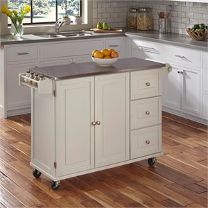 Dolly Madison Off White Wood Kitchen Cart with Stainless Steel Top