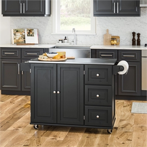 Dolly Madison Black Wood Kitchen Cart with Stainless Steel Top