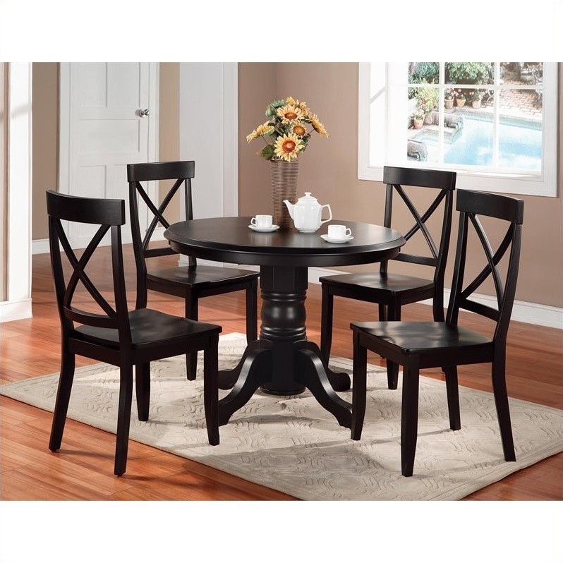 5 Piece Black Pedestal Dining Table Set, Pedestal Round Table And Chairs