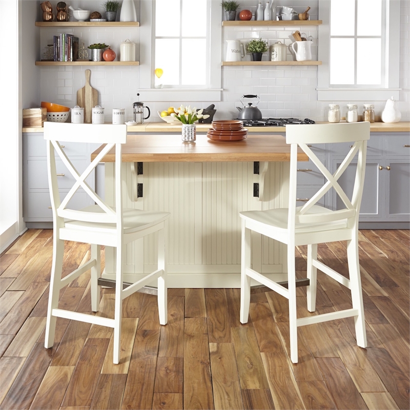 Nantucket Solid Wood Top Kitchen Island and 2 Counter Stools