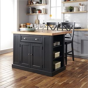 homestyles nantucket black solid wood top kitchen island and 2 counter stools