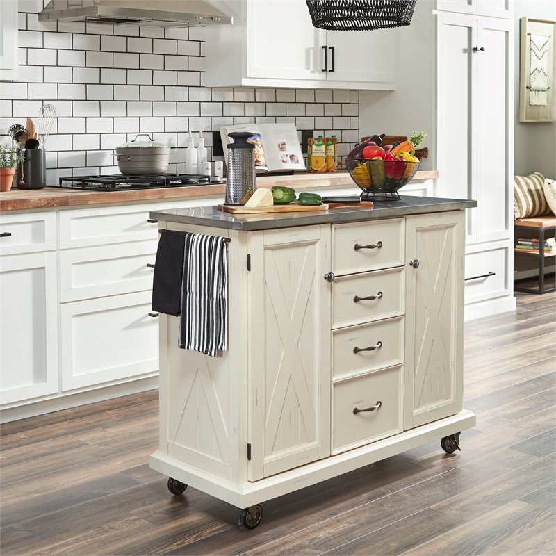 Homestyles Seaside Lodge Wood Kitchen Cart with Stainless Steel Top in Off White