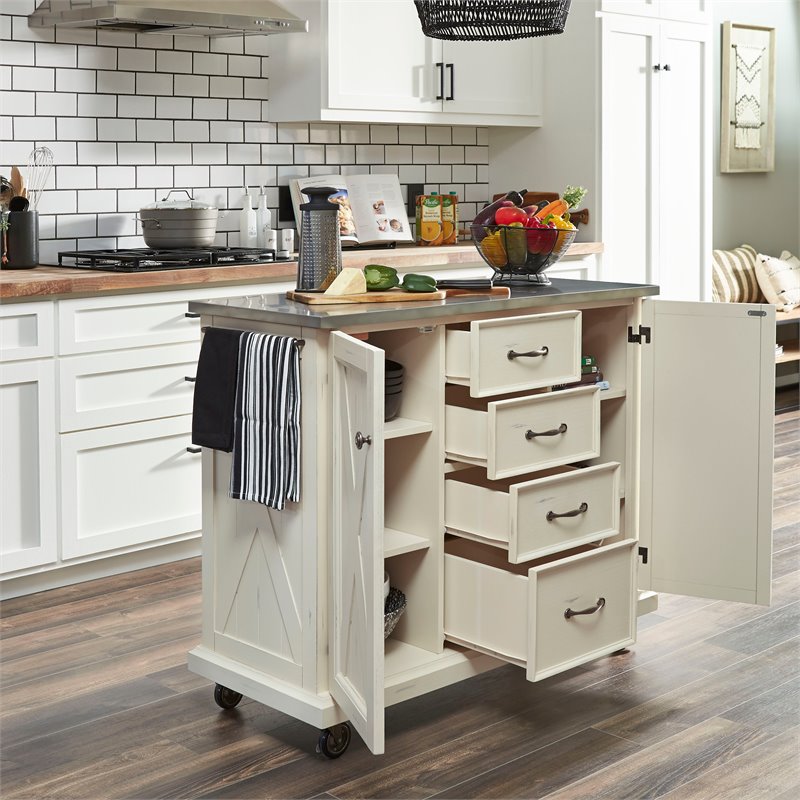 Homestyles Seaside Lodge Wood Kitchen Cart with Stainless Steel Top in Off White