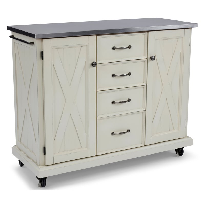 Homestyles Seaside Lodge Wood Kitchen Cart with Stainless Steel Top in Off White