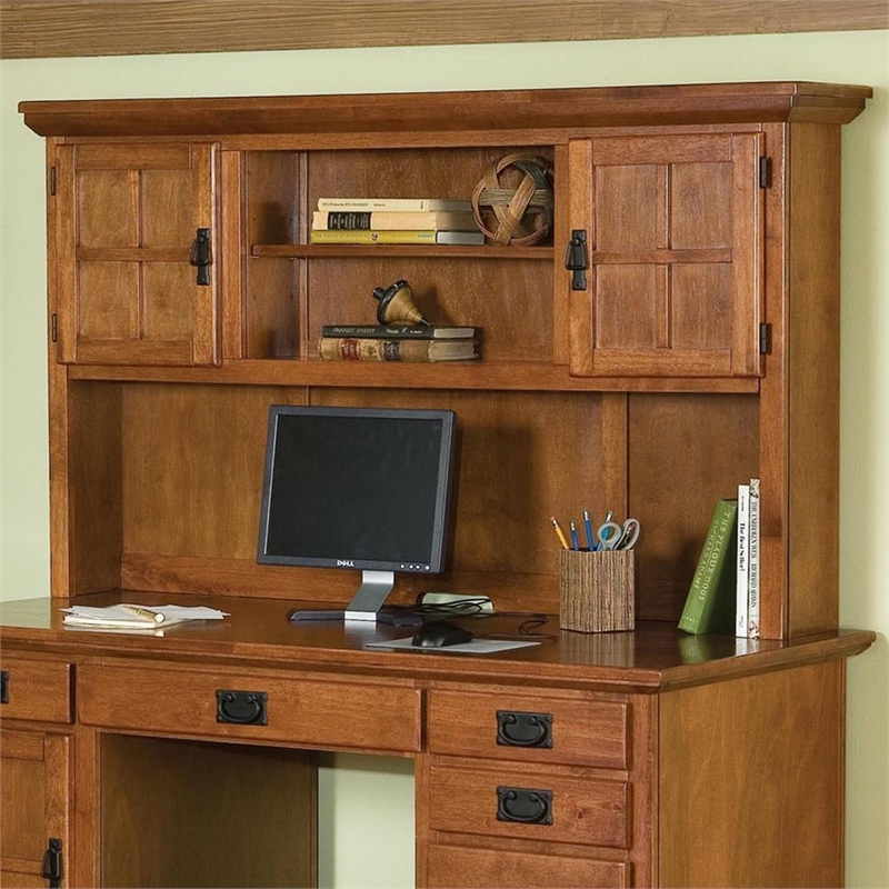 Homestyles Arts & Crafts Wood Pedestal Desk with Hutch in Brown