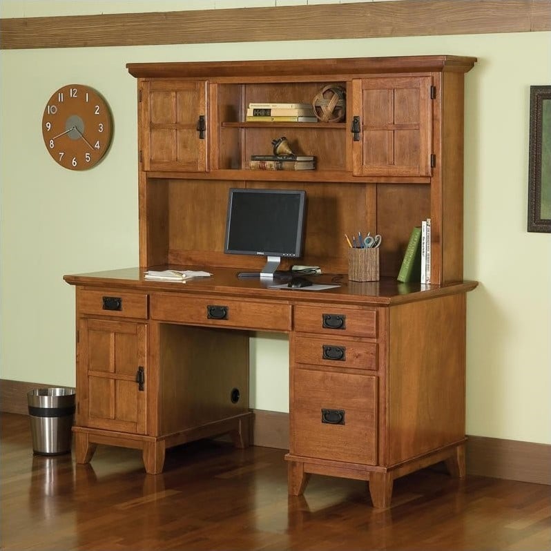 Homestyles Arts & Crafts Wood Pedestal Desk with Hutch in Brown