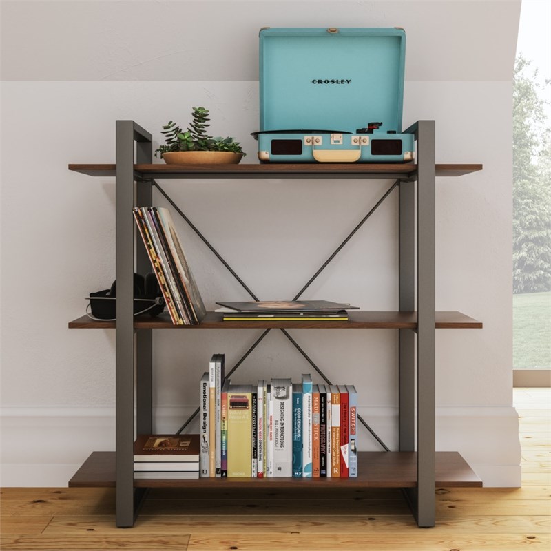 Homestyles Merge Wood Three-Shelf Bookcase in Brown