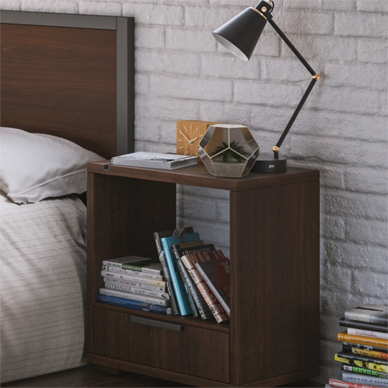 Homestyles Merge Mahogany Wood Bedroom Nightstand in Walnut Brown Stain