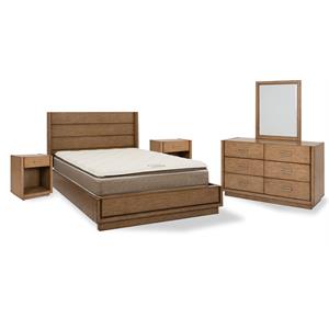 big sur brown wood queen bed with two nightstands and dresser with mirror