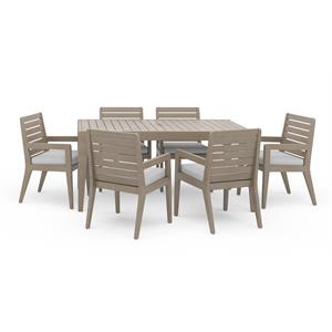 sustain gray wood outdoor dining table and six armchairs