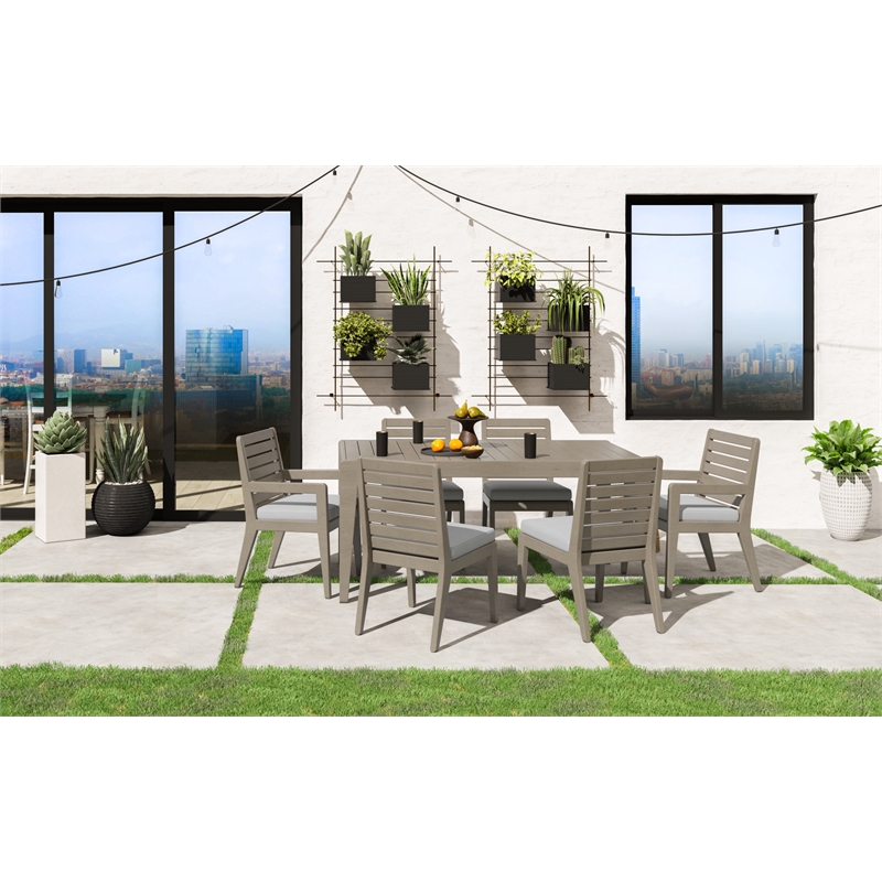 Homestyles Sustain Wood Outdoor Dining Table and Six Chairs in Gray