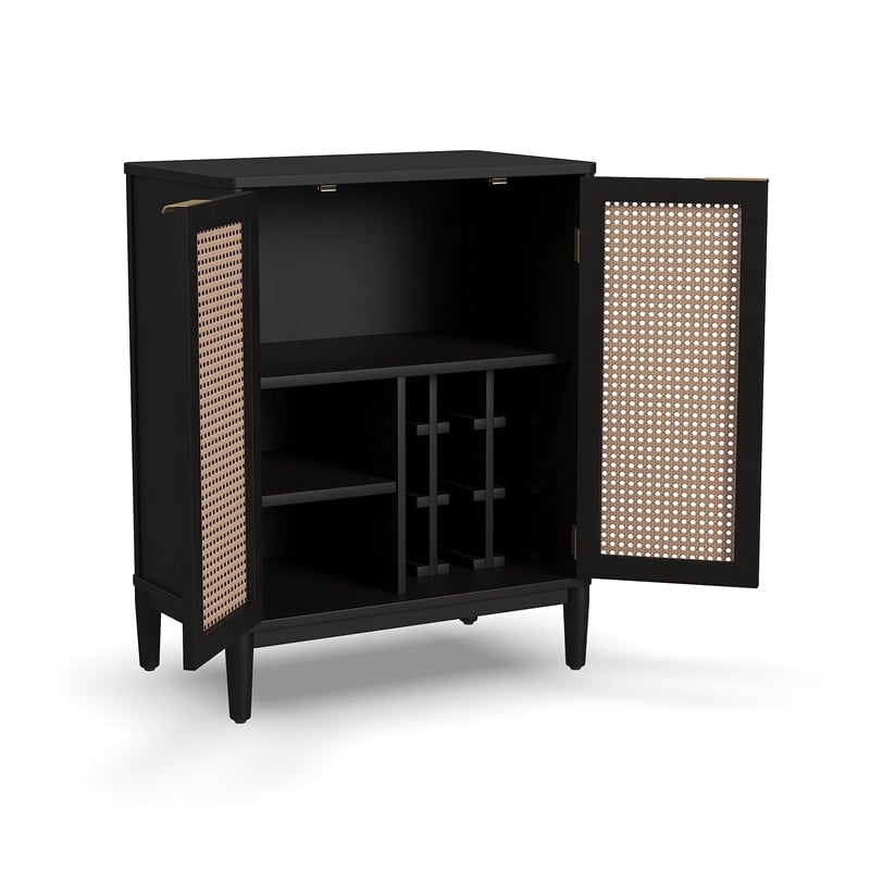 Homestyles Brentwood Mid-Century Wood Bar Cabinet with 2 Shelves in Black