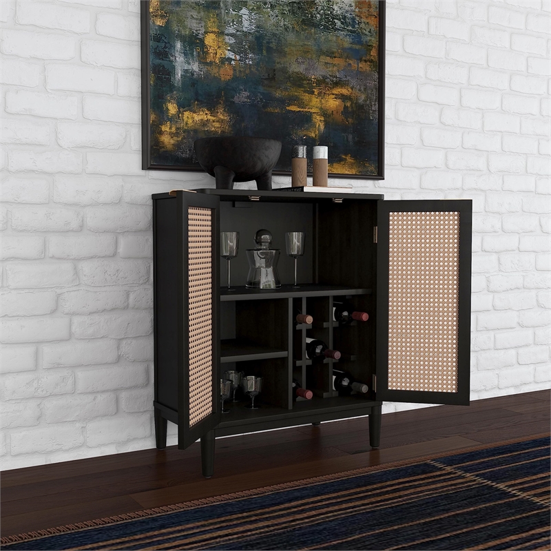 Homestyles Brentwood Mid-Century Wood Bar Cabinet with 2 Shelves in Black