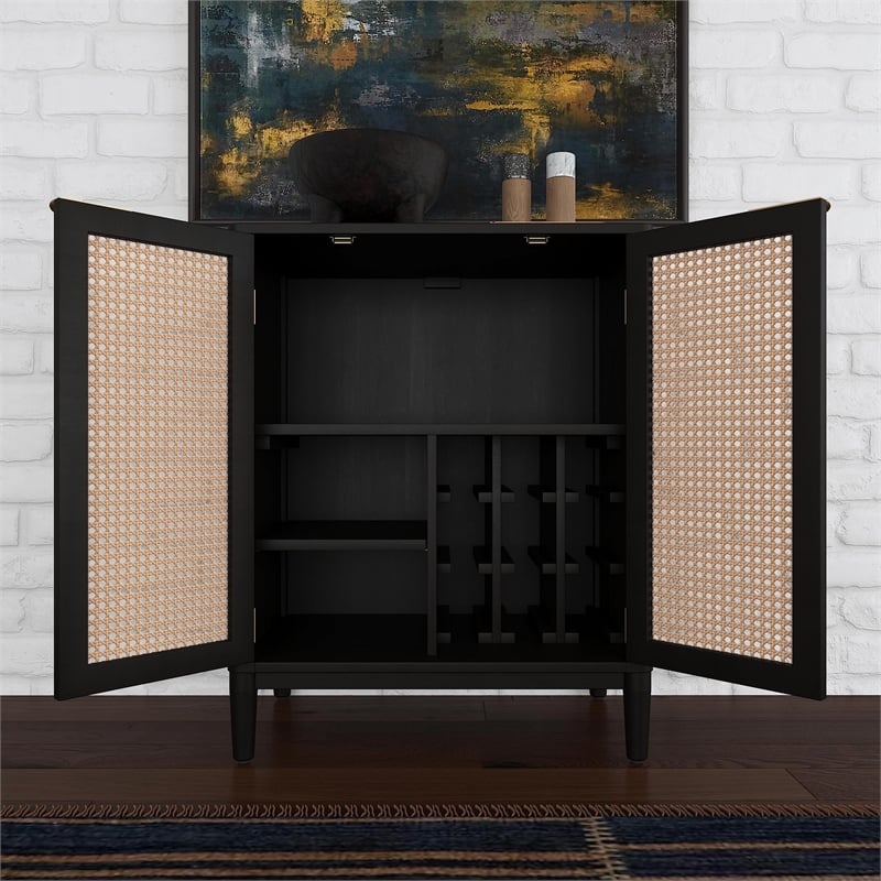 Homestyles Brentwood Mid-Century Wood Bar Cabinet with 2 Shelves in Black