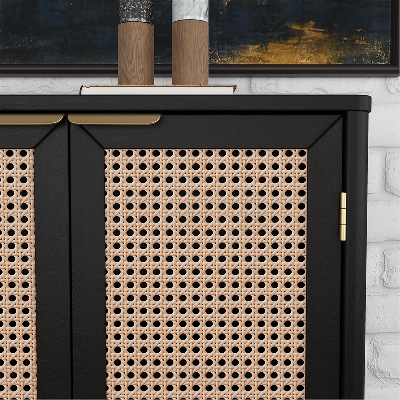 Homestyles Brentwood Mid-Century Wood Bar Cabinet with 2 Shelves in Black