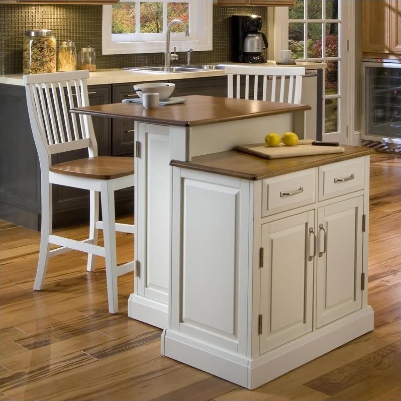 Home Styles Woodbridge Two Tier Kitchen Island and Stools Set in White and Oak 5010948