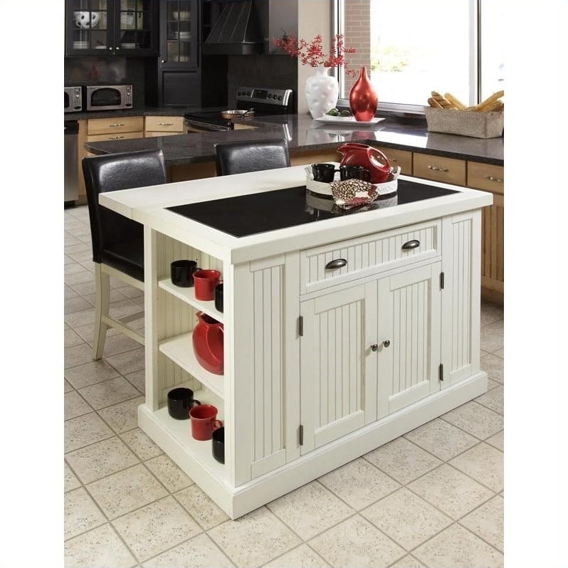 Nantucket Off White Kitchen Island, Nantucket Black Kitchen Island With Wood Top And 2 Counter Stools