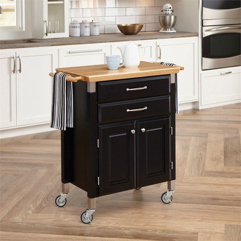 Homestyles Dolly Madison Engineered Wood Kitchen Cart in Black/Natural Maple Top