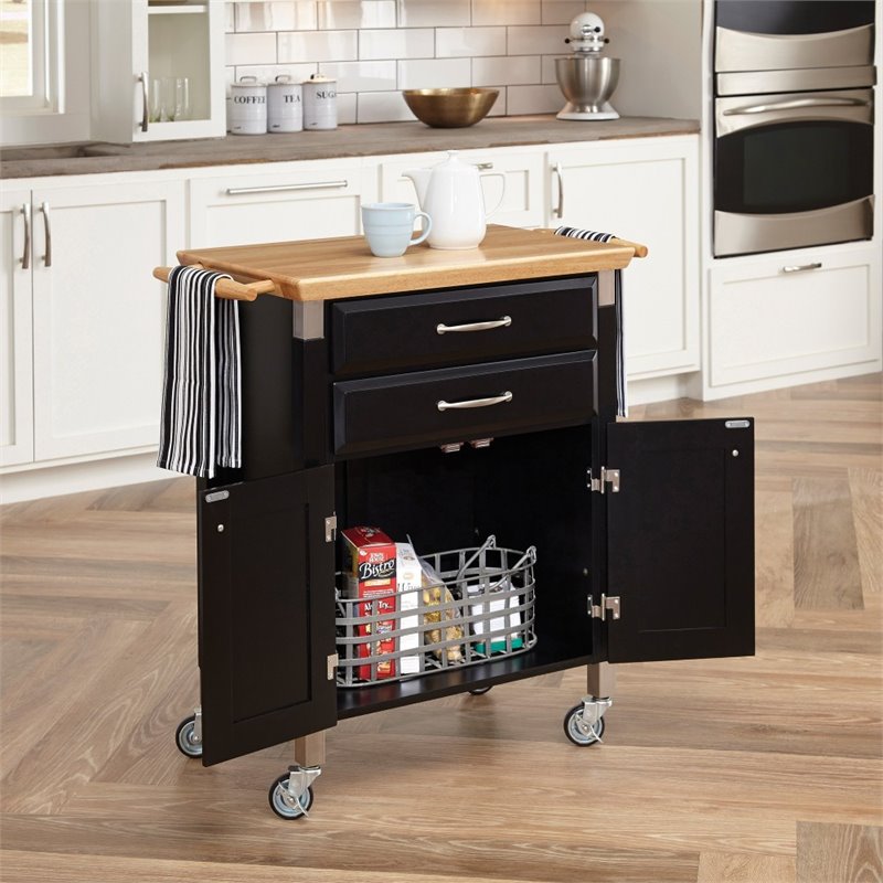 Homestyles Dolly Madison Engineered Wood Kitchen Cart in Black/Natural Maple Top