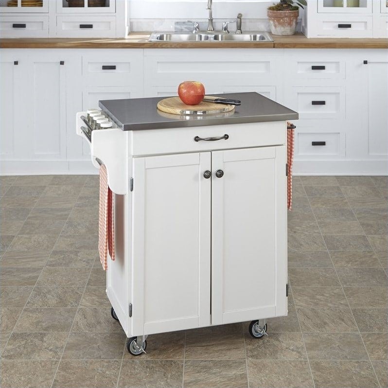 Home Styles White Kitchen Cart with Stainless Steel Top - 9001-0022 White Kitchen Cart With Stainless Steel Top