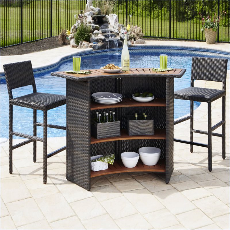 Home Styles Riviera Outdoor Woven Bar and Two Stools Set in Brown