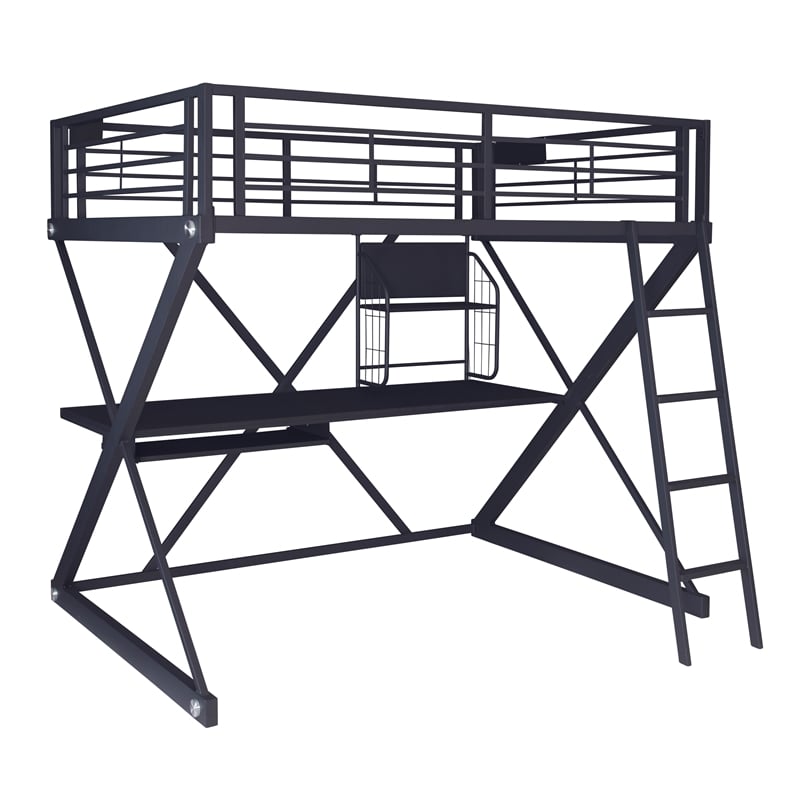 Linon Z-Bedroom Full Size Bunk Bed/Study Loft in Black Heavy Gauge Steel