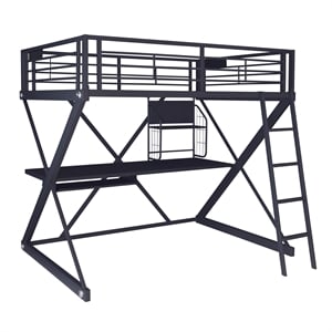 Linon Z-Bedroom Full Size Bunk Bed/Study Loft in Black Heavy Gauge Steel
