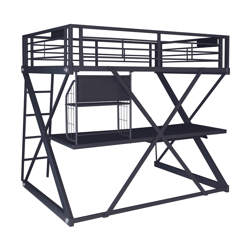Linon Z-Bedroom Full Size Bunk Bed/Study Loft in Black Heavy Gauge Steel