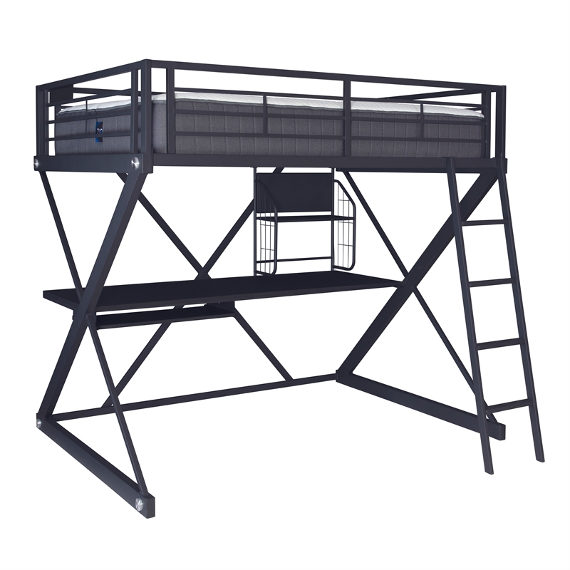 Linon Z-Bedroom Full Size Bunk Bed/Study Loft in Black Heavy Gauge Steel
